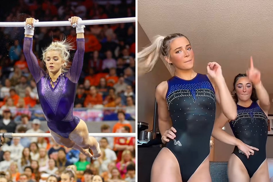 LSU Tigers gymnast Olivia Dunne and her teammates are going to the national gymnastics championships, and the TikTok star celebrated with major dance moves (r.).