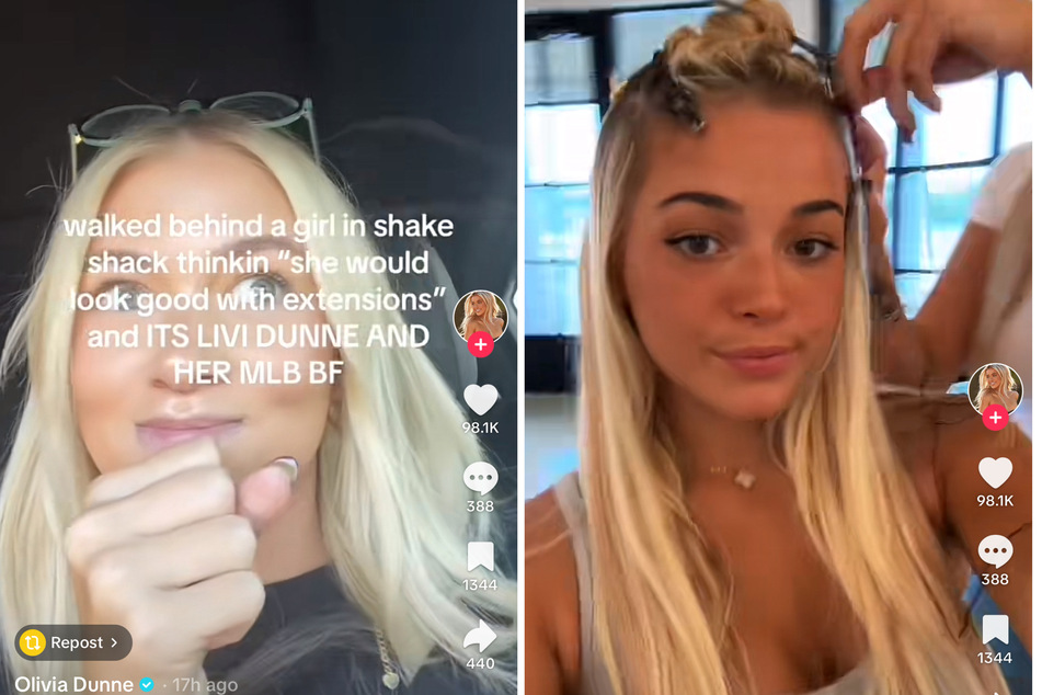 In a TikTok collaboration with hairstyle Madison (l), LSU gymnast Olivia Dunne (r) appeared to solidify the status of her relationship with MLB rookie Paul Skenes.