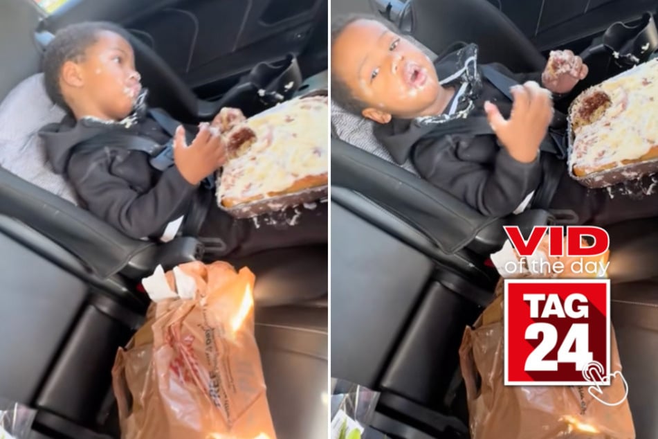 viral videos: Viral Video of the Day for December 5, 2025: Toddler caught going rogue on giant cinnamon roll in backseat