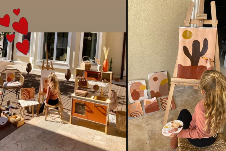 In einer Instagram-Story zeigt Lukas Podolski (35), wie toll seine Tochter Maya (4) schon malen kann. (Fotomontage)