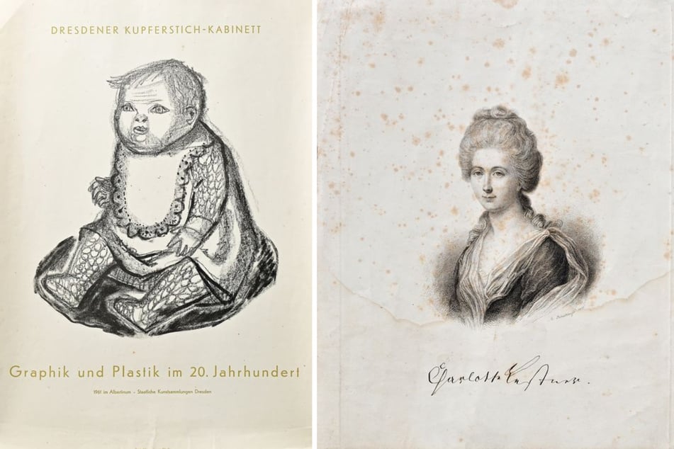 Links: Das Ausstellungsplakat mit einer Lithografie von Otto Dix. Rechts: Los 57: Der Stahlstich zeigt Charlotte Buff - sie war für Goethe Vorbild für die Lotte in "Die Leiden des jungen Werther".