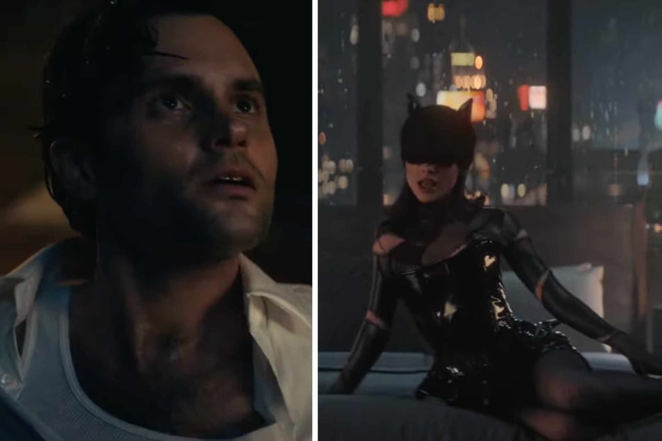 Ariana Grande's character (r.) breaks into the apartment of Mayor Max Starling – played by Penn Badgley (l.) – cat burglar style.ls.