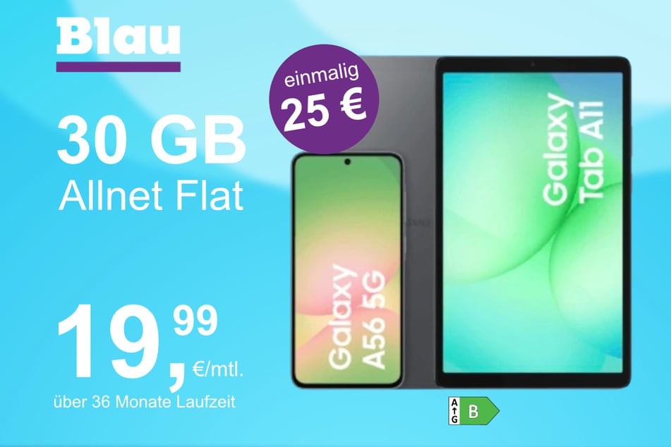 Das Samsung Galaxy A56 + Tab A11 im Blau Allnet L für einmalig 25 Euro.