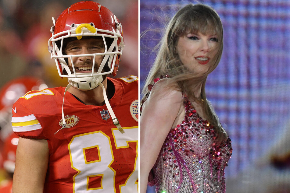 On Wednesday, Travis Kelce (l) thanked Taylor Swift for her subtle show of support for his latest milestone with the Kansas City Chiefs.