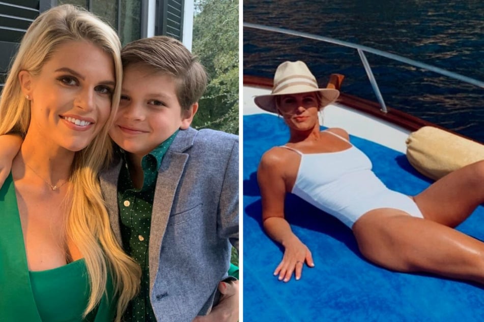 Madison poses with her son Hudson (l.) and in a swimsuit before plastic surgery (r.).