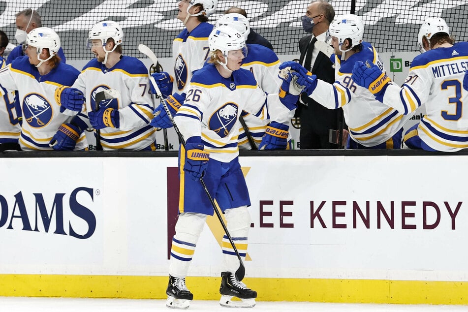 Buffalo Sabres defenseman Rasmus Dahlin celebrates a goal