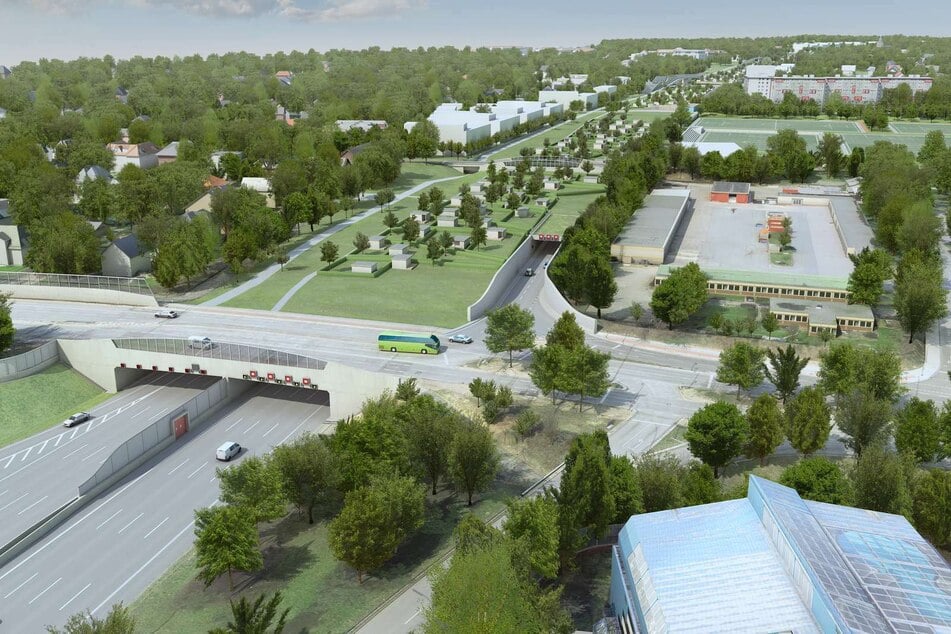 Die Visualisierung zeigt das Südportal des geplanten Autobahndeckels Altona über der Autobahn A7.