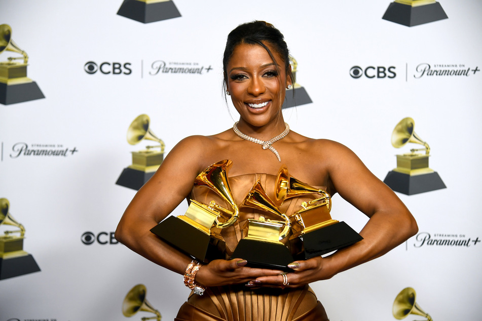 Victoria Monet, winner of the Best New Artist, Best Engineered Album, and Best R&amp;B Album award for Jaguar II, poses in the press room during the 66th Grammy Awards on February 4, 2024, in Los Angeles, California.