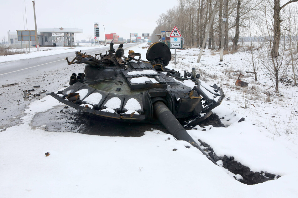 A blown-off tank turret on the outskirt of Kharkiv, which remains in Ukrainian hands.