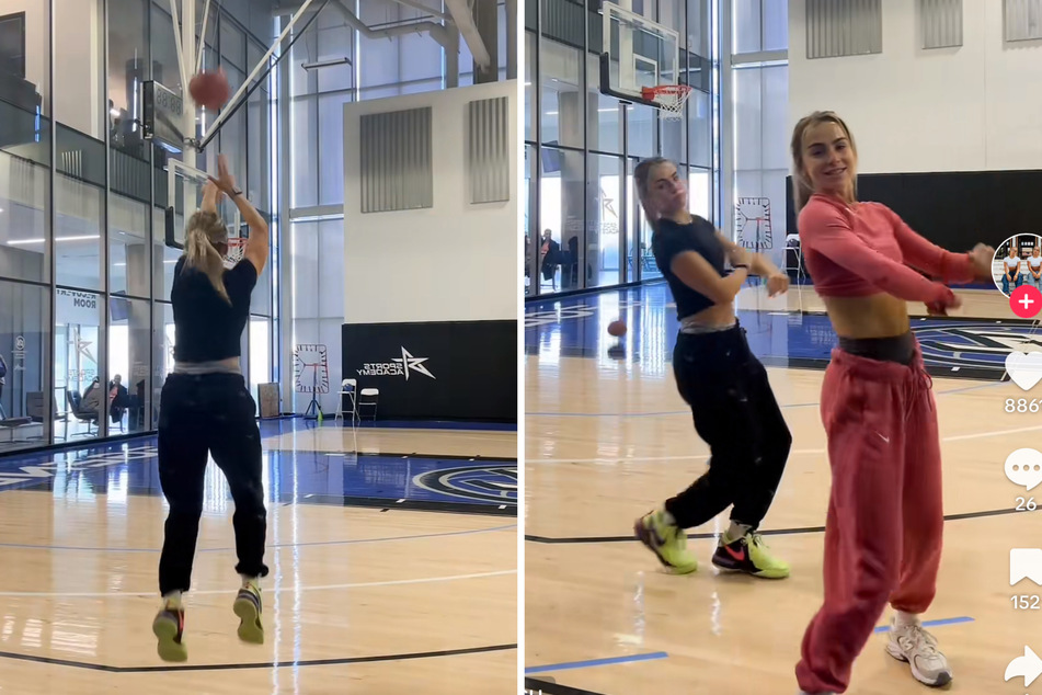 In her latest TikTok video, Haley Cavinder (l.) teamed up with her twin sister Hanna for a jaw-dropping long trick shot that sent fans into a frenzy.