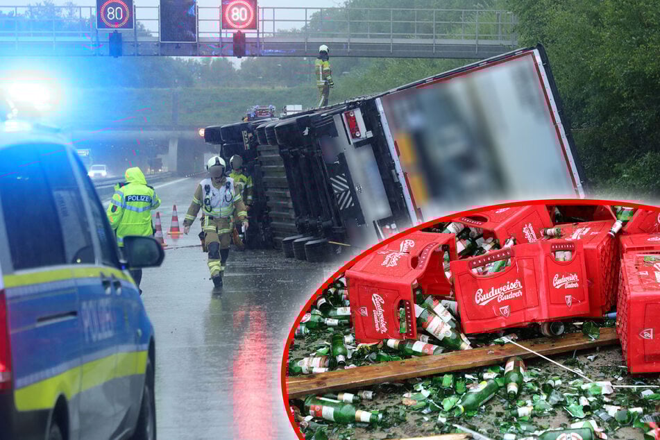 Unfall A17: Umgekippter Lkw auf der A17: Zerbrochene Flaschen sorgen für Chaos