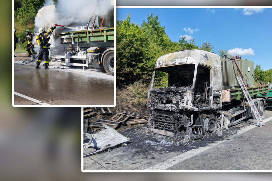 Unfall A14: Nach Reifenplatzer: Lkw auf der A14 steht in Flammen!