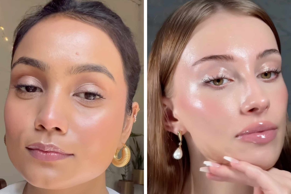 Concentrate the pearl effects on the apples of your cheeks and along your cheekbones, on your temples and brow bones, and the tip of your nose to go for the glow! You can go more subtle (l.) or pearl it up for maximum shimmer.