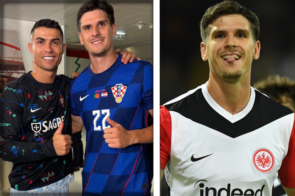 Eine bessere Erinnerung ans Länderspiel-Debüt kann es wohl kaum geben: Beim Nations-League-Match in Portugal gab es für Eintracht-Stürmer Igor Matanovic (21, r.) ein Foto mit Cristiano Ronaldo (39).