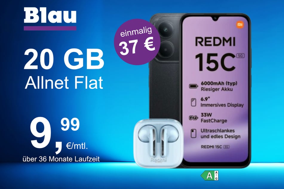 Das Xiaomi Redmi 15C + Buds 6 Active im Blau Allnet M für einmalig 37 Euro.
