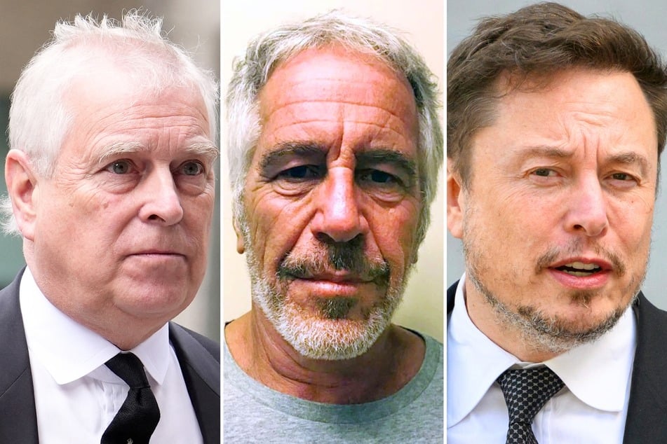 The House Oversight Committee recently released files on Jeffrey Epstein (c.) that lists a number of powerful people, including Elon Musk (r.) and Prince Andrew.