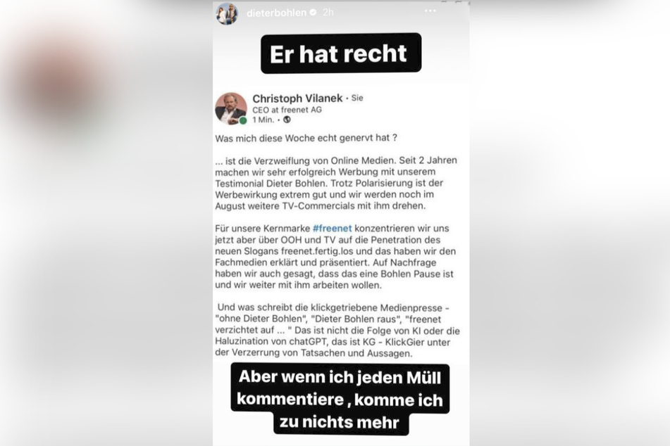 Dieter Bohlen bestätigt auf Instagram die weitere Zusammenarbeit mit "freenet".