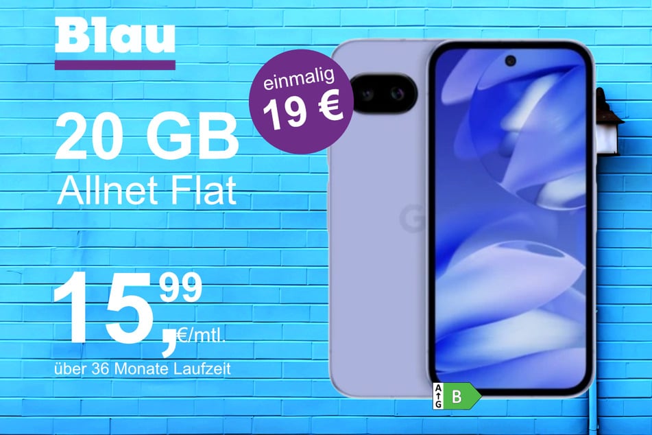 Das Google Pixel 9a im Blau Allnet M für einmalig 19 Euro.
