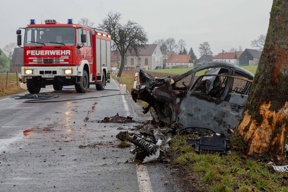 E-Auto kracht gegen Baum und geht in Flammen auf: Fahrer entkommt knapp dem Feuertod!