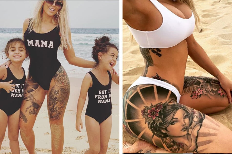 Sarah Keirs proves that her tattoos don't affect her ability to be the best mom she can be (collage).