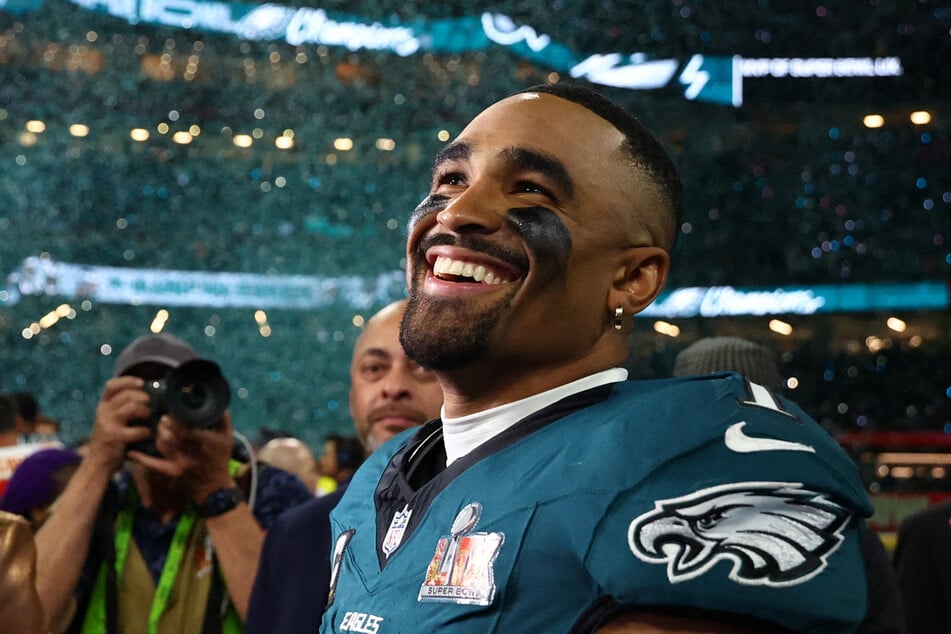 Philadelphia Eagles quarterback Jalen Hurts celebrates after defeating the Kansas City Chiefs in Super Bowl LIX at Ceasars Superdome in New Orleans, Louisiana.