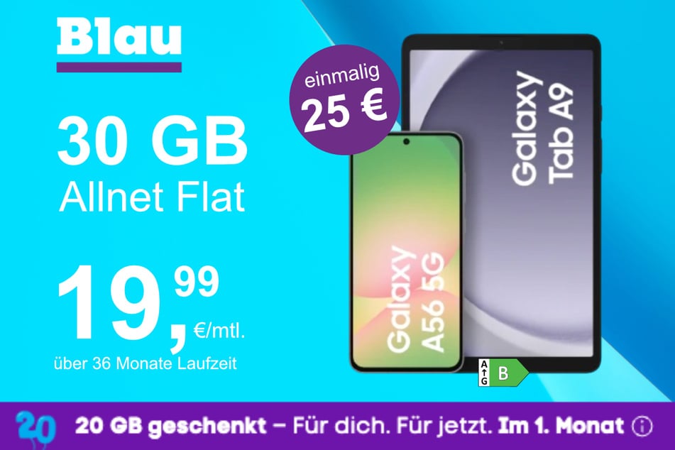 Das Samsung Galaxy A56 + Tab A9 im Blau Allnet L für einmalig 25 Euro.