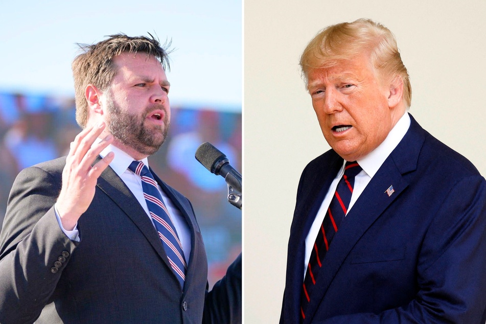 In a recent interview, Donald Trump (r.) defended past controversial comments made by his running mate JD Vance (l.) about "childless cat ladies."