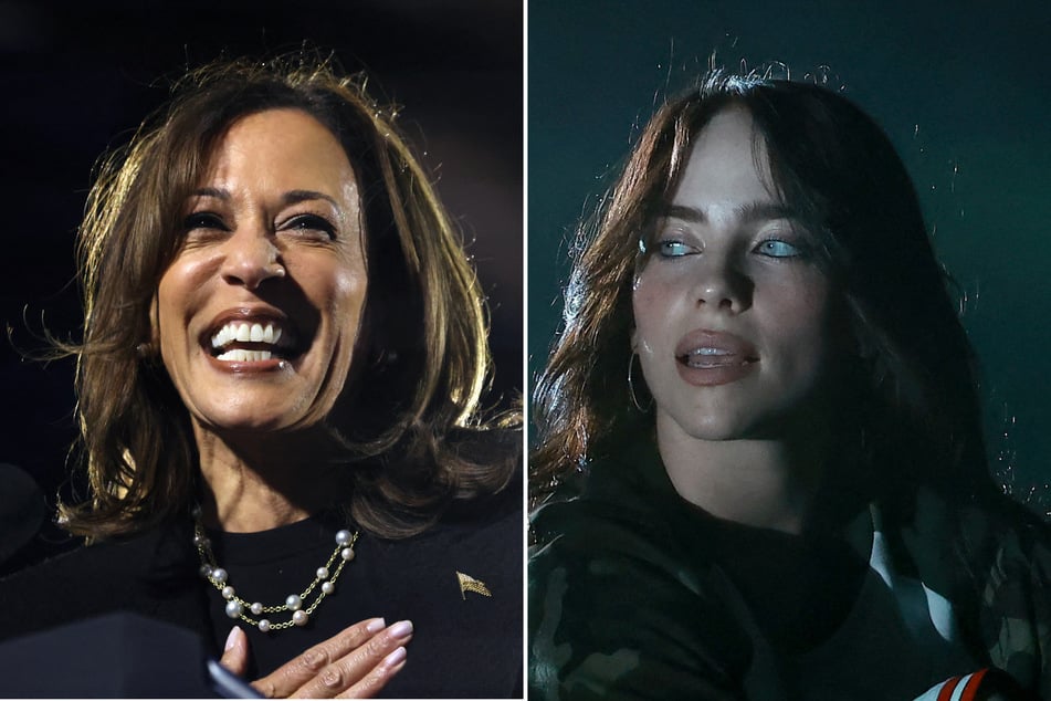 Billie Eilish (r.) took a moment out of her sold-out performance in Atlanta to call on fans to vote for Democrat Kamala Harris in the 2024 presidential election.