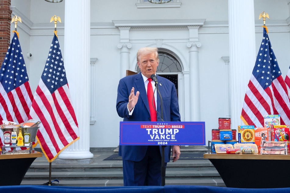 Donald Trump holding a news conference outside the Trump National Golf Club in Bedminster, New Jersey on August 15, 2024.