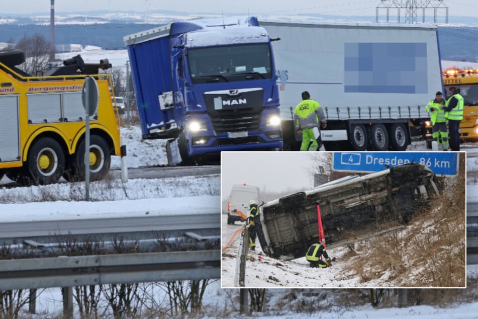 Unfall A4: Unfälle nach Wintereinbruch in Sachsen: Laster blockiert A4-Auffahrt, Transporter überschlägt sich