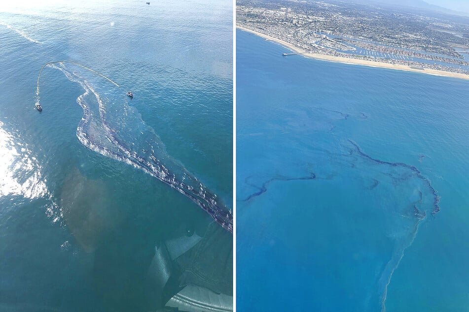 The US Coast Guard cleanup effort and the growing oil spill, caused by a damaged pipeline, seen from above.