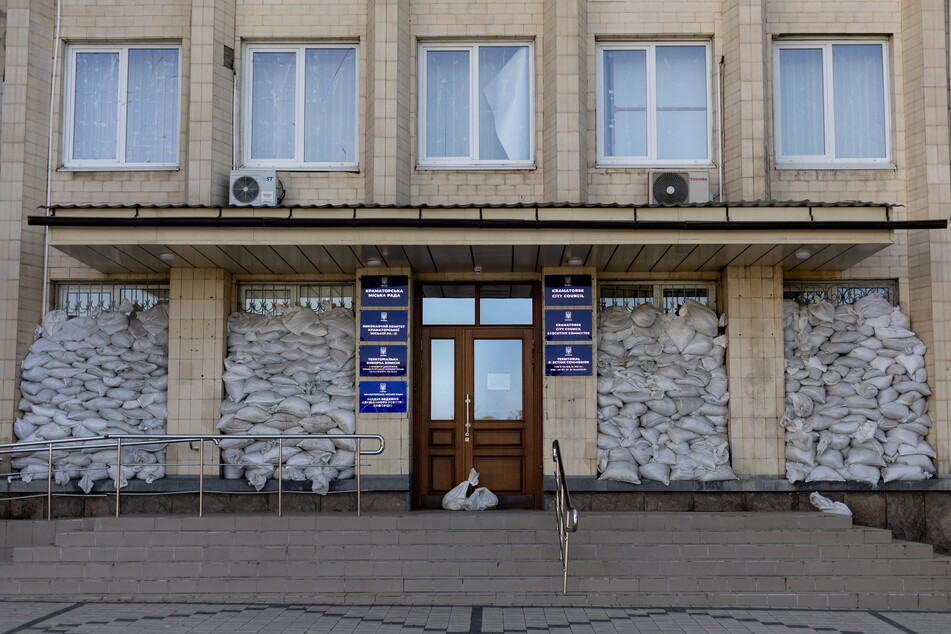 A boarded-up building in the city of Kramatorsk, which has been almost completely evacuated.