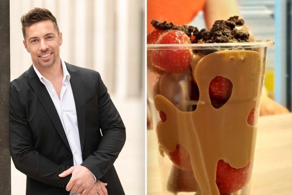 Der Schokoselly-Becher (r.): Auf kühle Erdbeeren trifft warme belgische Schokolade. Sänger, Moderator, Entertainer und Sportler Ramon Roselly (32) ist jetzt auch in Sachen Schokolade erfolgreich.