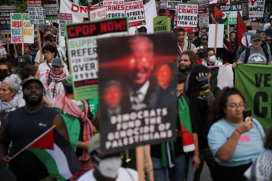 Demonstrators call for an end to US support for Israel's genocide in Gaza on the sidelines of the 2024 Democratic National Convention in Chicago, Illinois.