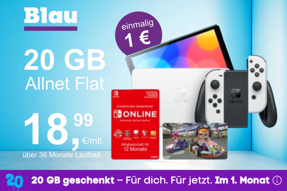 Die Nintendo Switch OLED + Mario Kart 8 im Blau Allnet M inkl. 20 GB für einmalig nur 1 Euro.