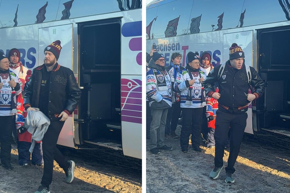 Die Eisbären-Stars steigen aus dem Teambus.