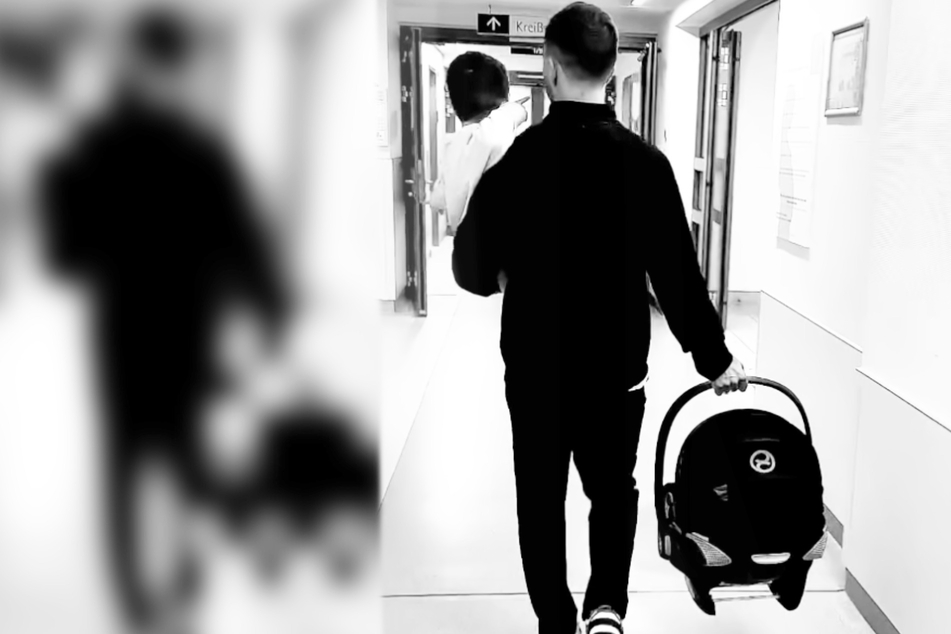 Mit Sohnemann Rome (3) auf dem Arm und dem frischgebackenen Familienzuwachs in der Babyschale stolzierte Doppel-Papa Mario Götze (31) zufrieden durchs Krankenhaus.
