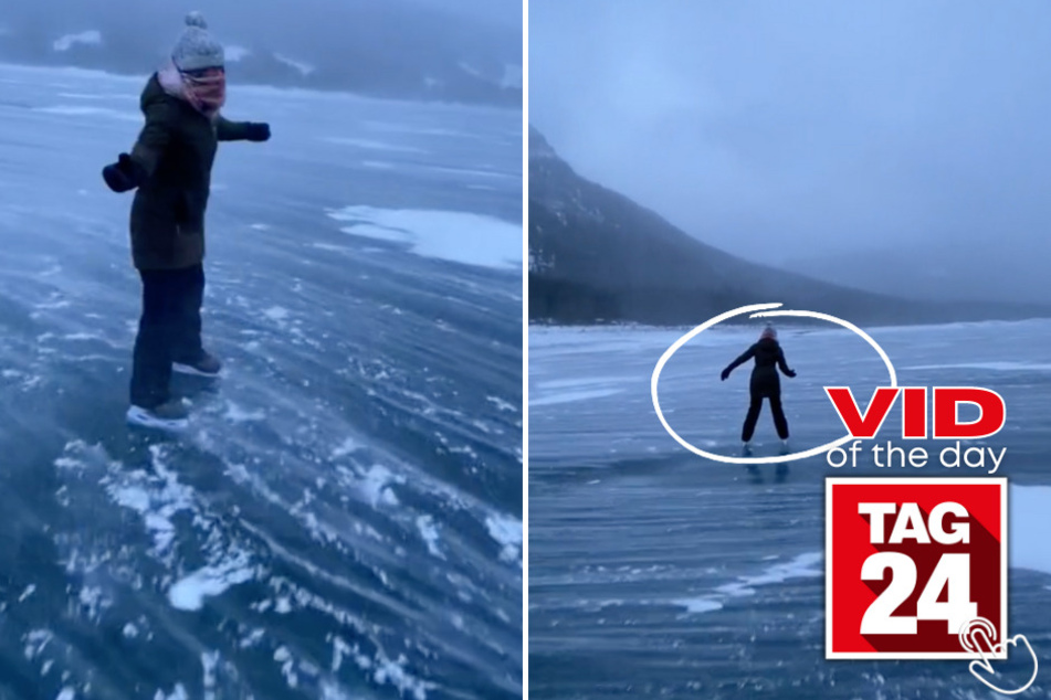 In today's Viral Video of the Day, a woman risks it all to ice skate across a frozen lake in Canada!