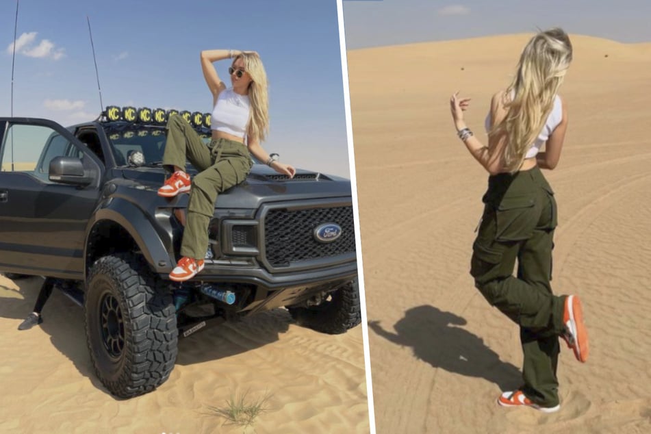 Eine kurze Pause während einer Wüsten-Spritztour mit einem Ford Raptor nutzte die Millionärstochter für ein spontanes Fotoshooting.