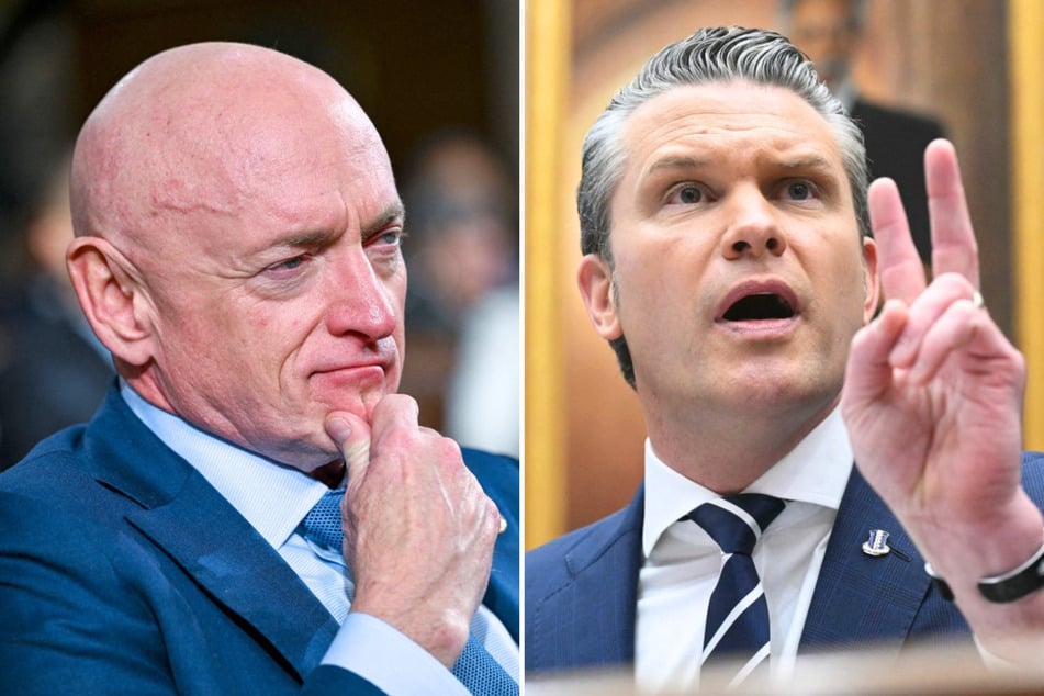 Pete Hegseth (r.) threatened to launch another probe into Mark Kelly after the senator discussed "classified" information in an interview.
