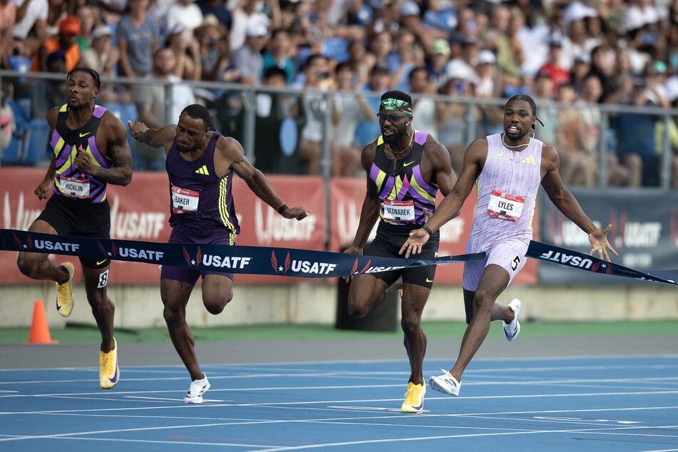 Noah Lyles wins the Men's 100m final during the 2026 USATF Outdoor Track & Field Championships at Icahn Stadium on July 24, 2026.
