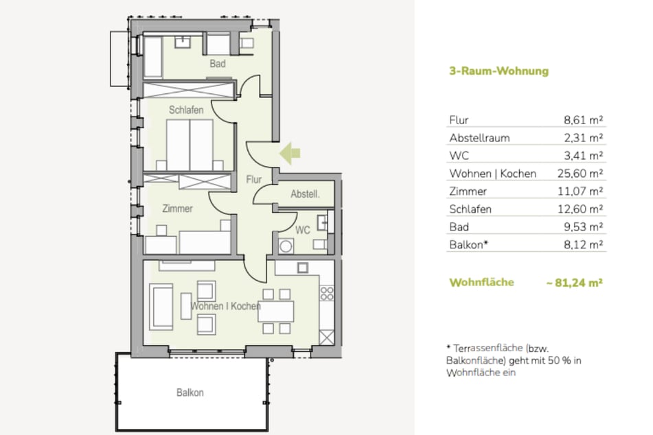 Beispielhafter Grundriss einer 3-Raumwohnung mit Balkon