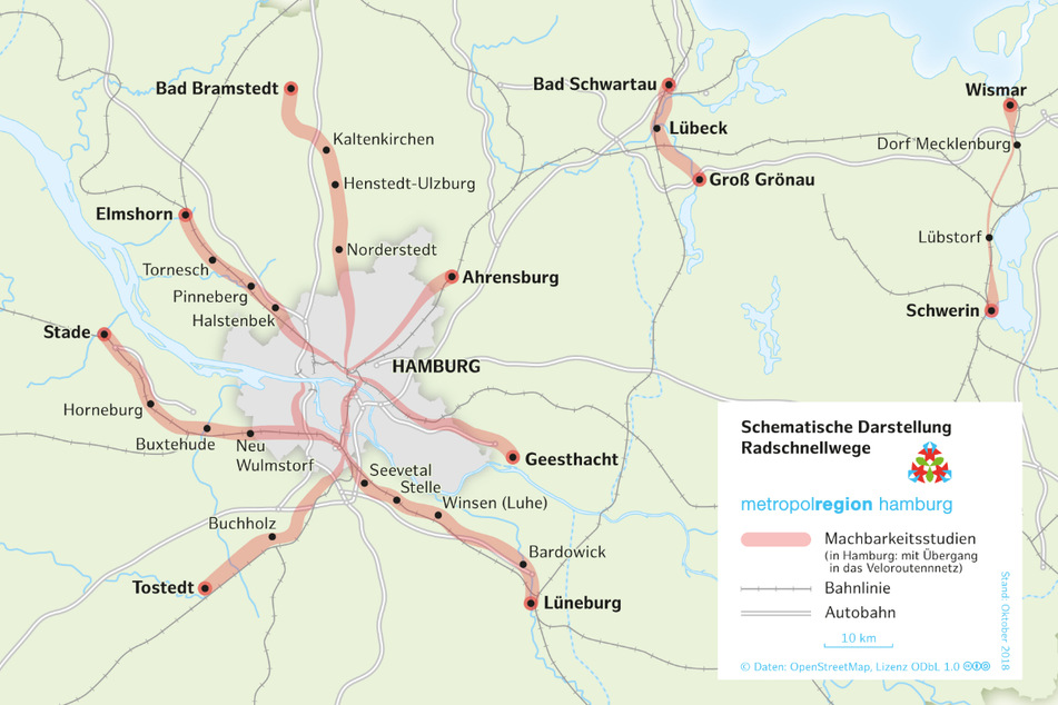 Sieben Radschnellwege sollen nach Willen der Planer aus dem Umland nach Hamburg führen.