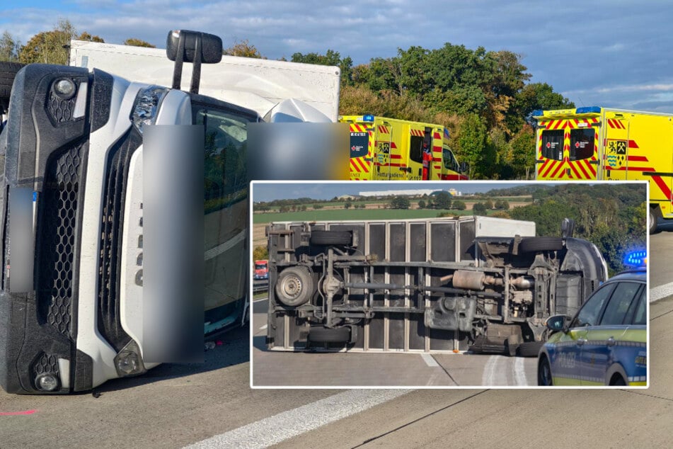 Unfall A4: Unfall auf A4 in Sachsen: Umgekippter Transporter legt Autobahn lahm