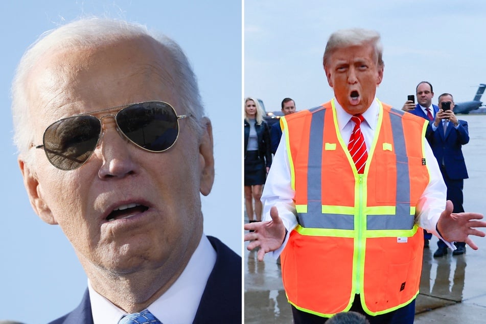 Donald Trump (r.) recently wore a garbage worker uniform to a campaign rally to mock President Joe Biden, who recently called his supporters "garbage."