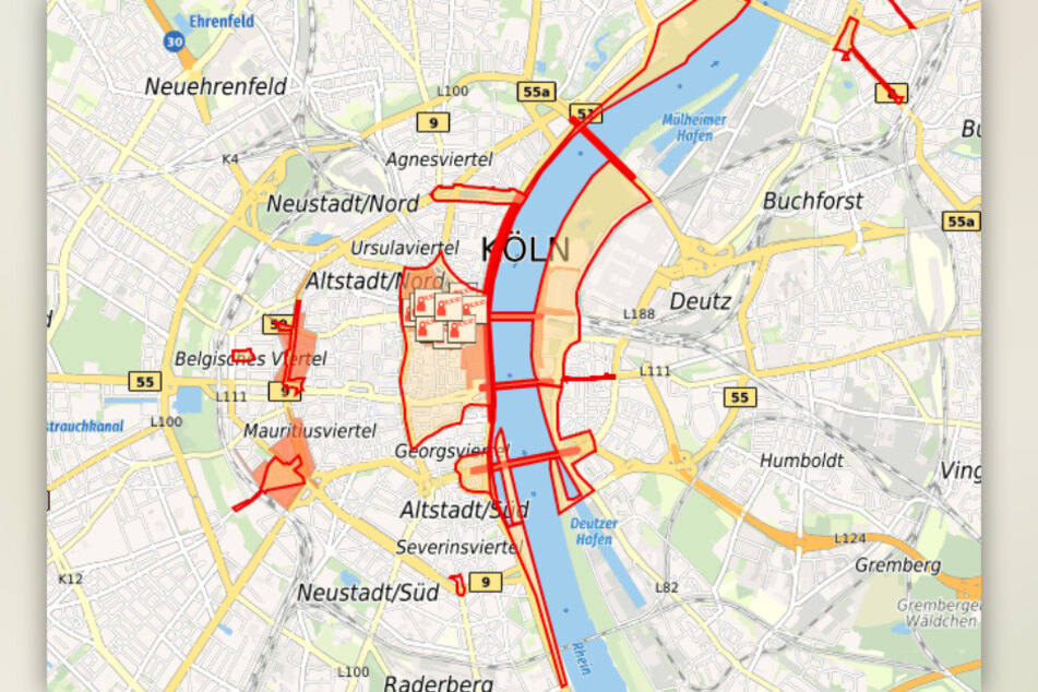 Die Stadt Köln hat eine Karte veröffentlicht, auf der sämtliche Verbotszonen markiert sind.