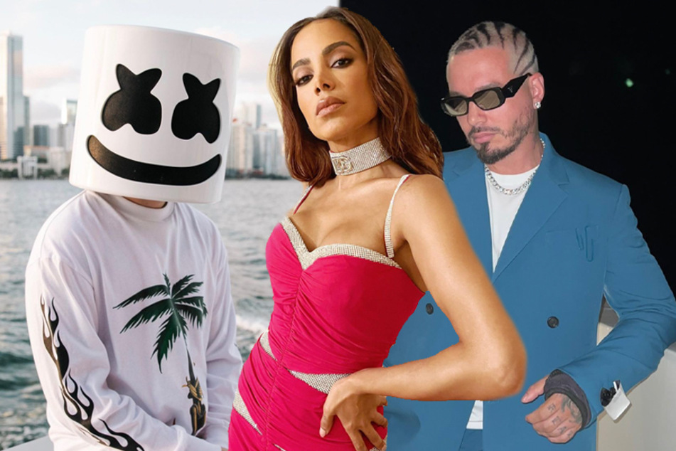 Marshmello (l), Anitta (c), and J Balvin will all respectively perform at the 2022 MTV VMAs.