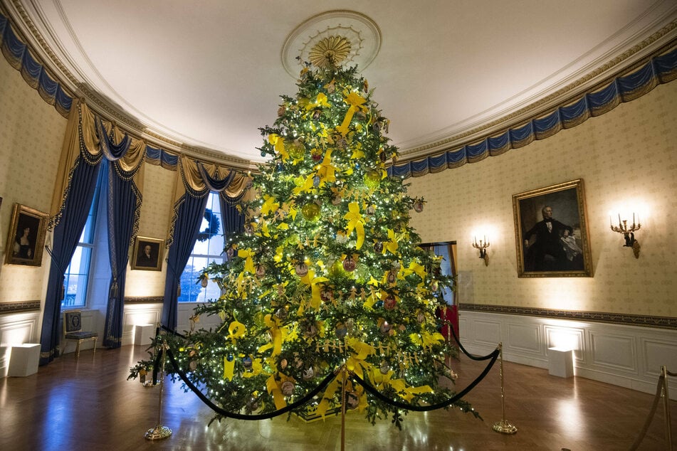 A large Christmas tree stands in the festively decorated Blue Room.