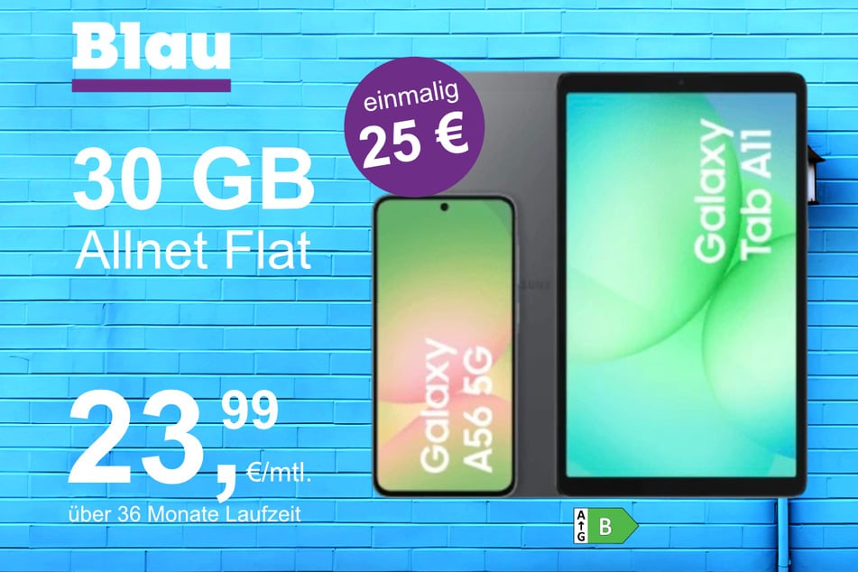 Das Samsung Galaxy A56 + Tab A11 im Blau Allnet L für einmalig 25 Euro.