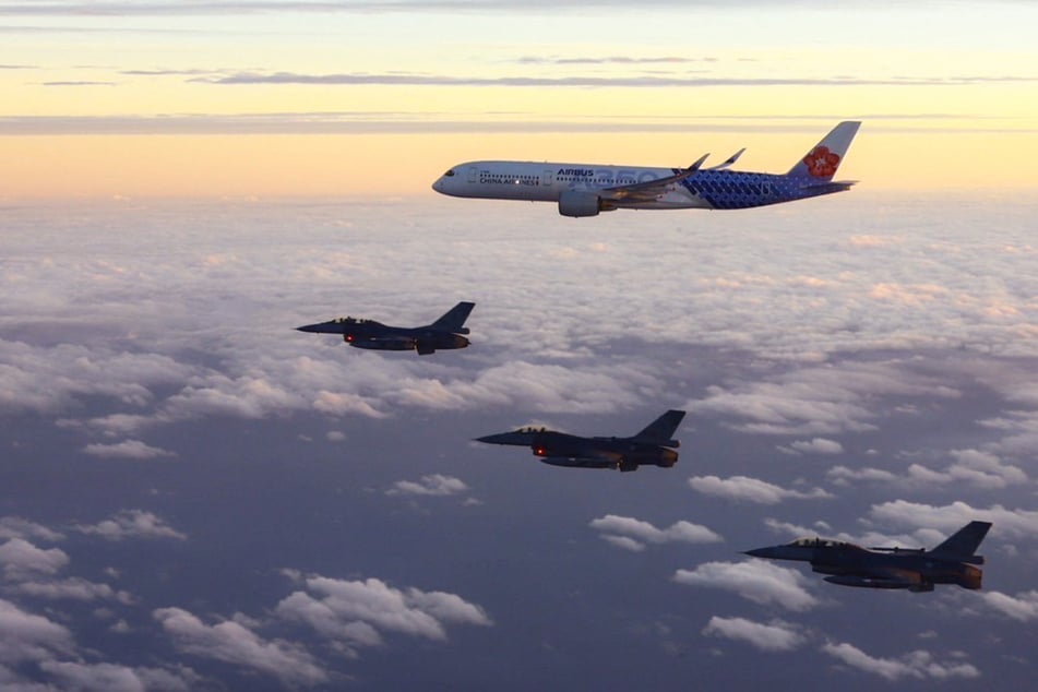 F-16 jets escort the plane of Taiwan's President Lai Ching-te, who embarked on a trip to visit Taiwan's allies in the Pacific on Saturday.